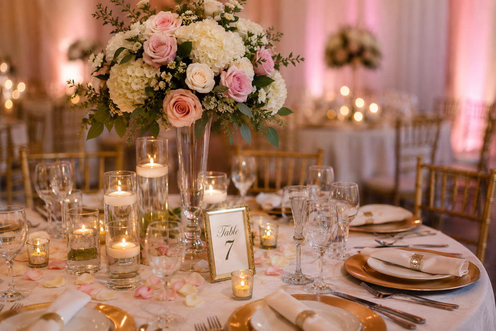 Elegant wedding table centerpiece at a Queens wedding venue