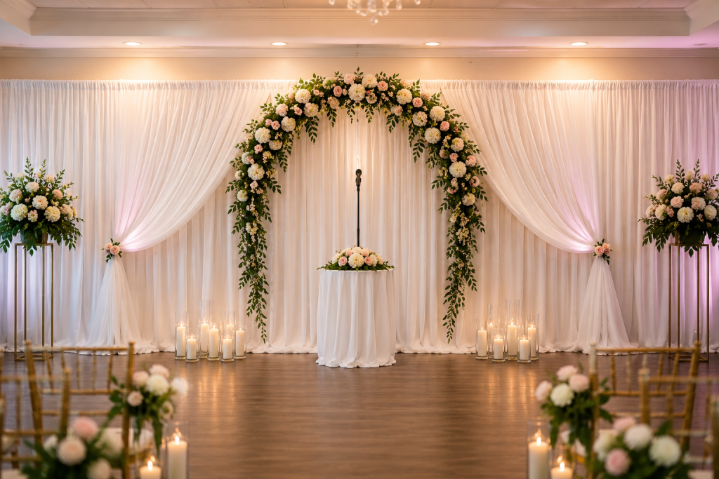 Elegant wedding ceremony backdrop inside a wedding venue in Queens NY