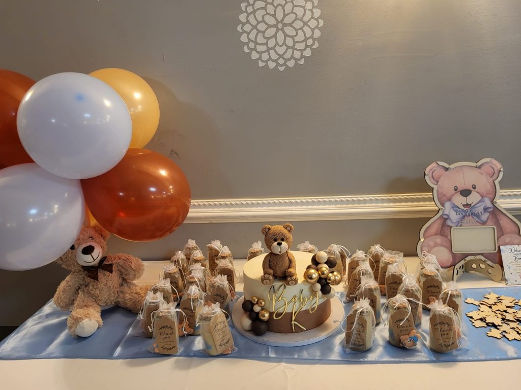 Baby shower dessert table with teddy bear theme at Skylight Hall in Queens NY